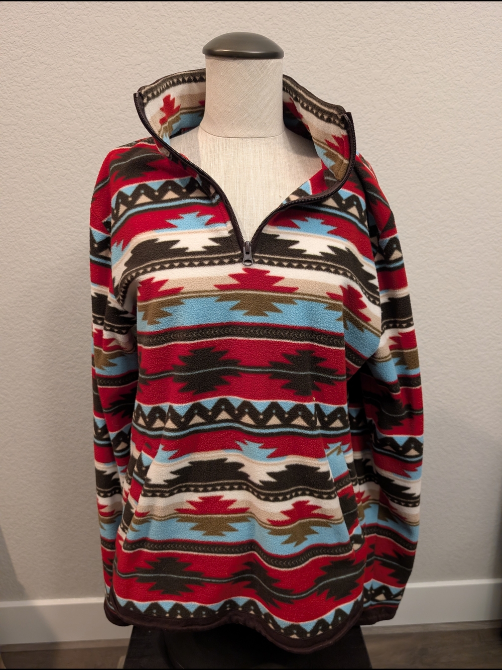 Outback Trading Company Women's Sz L Red Aztec Quarter-Zip Pullover Ski Sweater